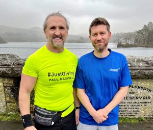 Paul in yellow t-shirt, Ian in blue Livewell t-shirt by Burrator reservoir