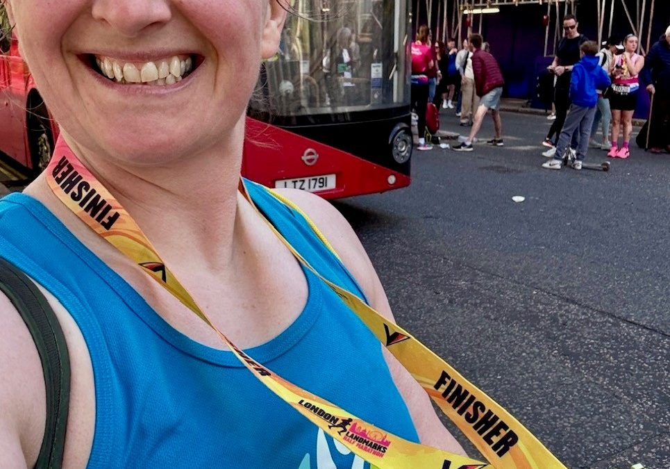 Smiles all round as Team Livewell finish the London Landmarks half marathon to help projects in Devon and Cornwall