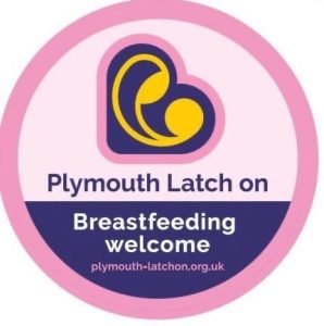 Pink, purple and yellow heart logo. Plymouth Latch on. Breastfeeding welcome.